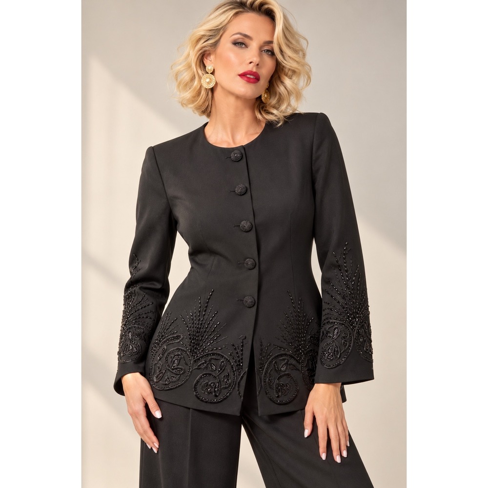 VTG St Anthony Evening Black Beaded Embroidered Collarless Blazer Jacket Size 14